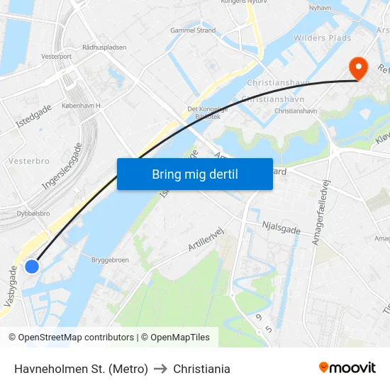 Havneholmen St. (Metro) to Christiania map