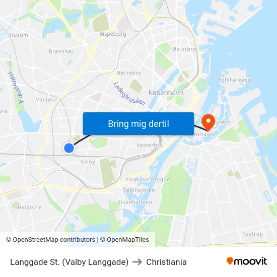 Langgade St. (Valby Langgade) to Christiania map