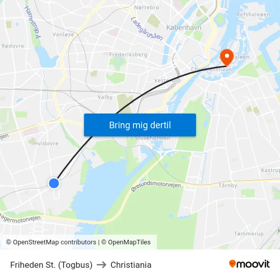 Friheden St. (Togbus) to Christiania map