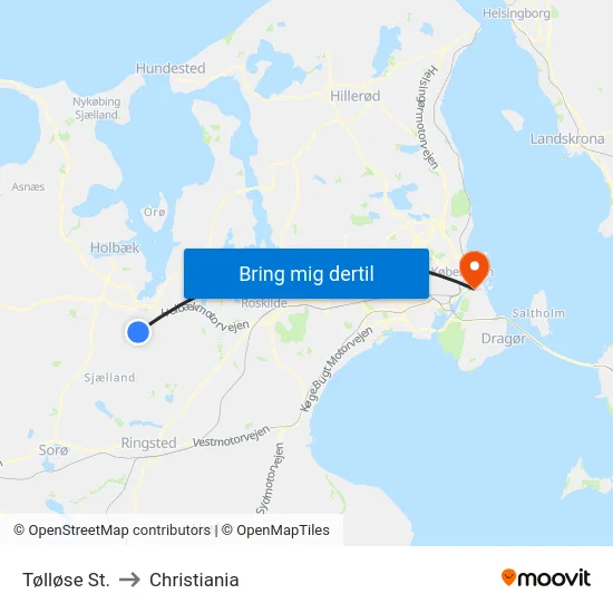 Tølløse St. to Christiania map