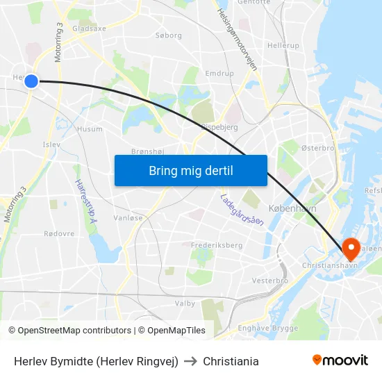 Herlev Bymidte (Herlev Ringvej) to Christiania map