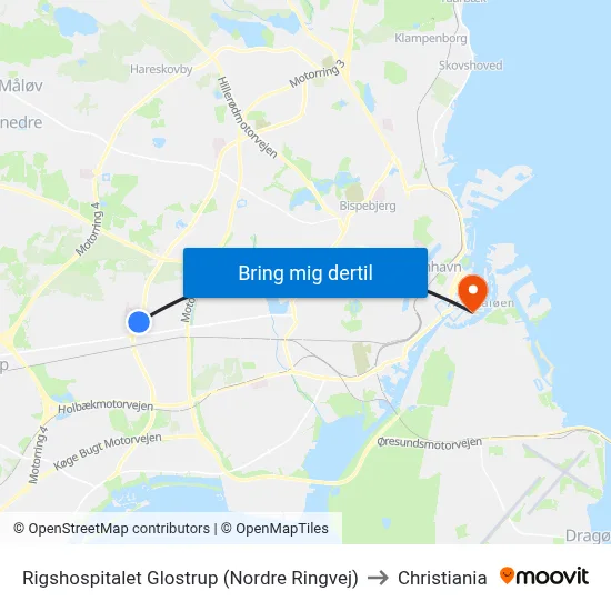 Rigshospitalet Glostrup (Nordre Ringvej) to Christiania map