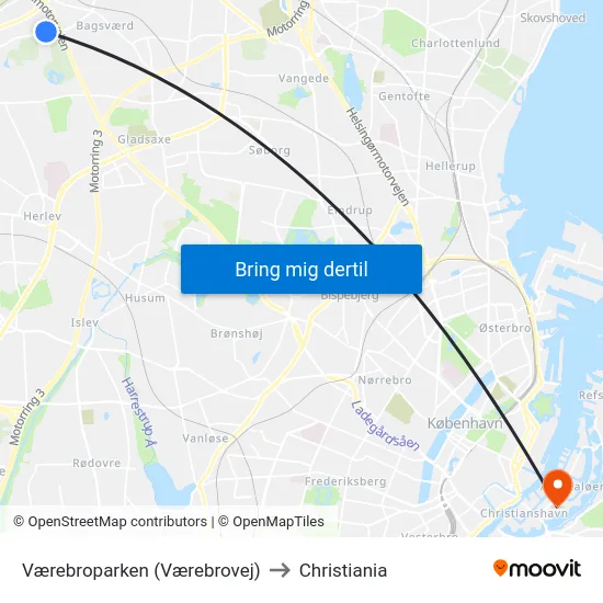 Værebroparken (Værebrovej) to Christiania map