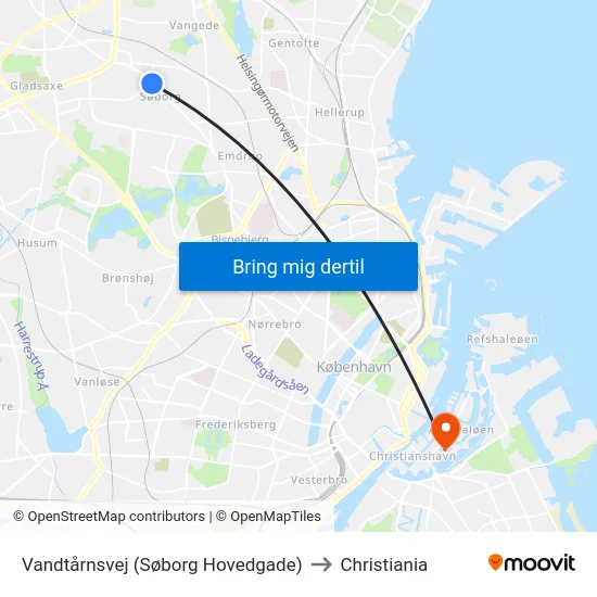 Vandtårnsvej (Søborg Hovedgade) to Christiania map