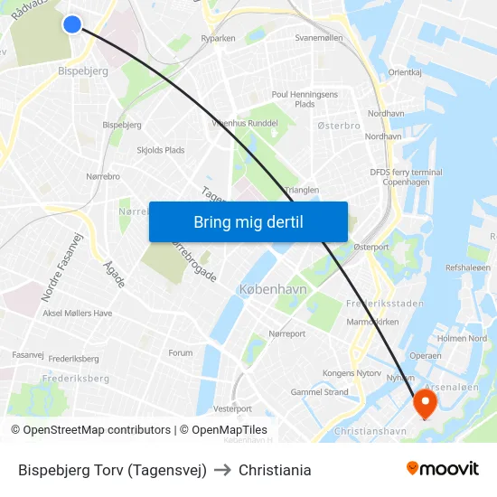Bispebjerg Torv (Tagensvej) to Christiania map