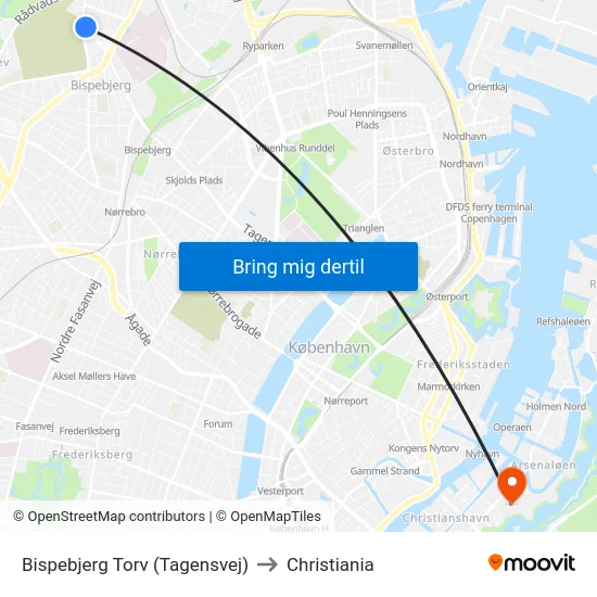 Bispebjerg Torv (Tagensvej) to Christiania map