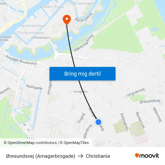 Øresundsvej (Amagerbrogade) to Christiania map