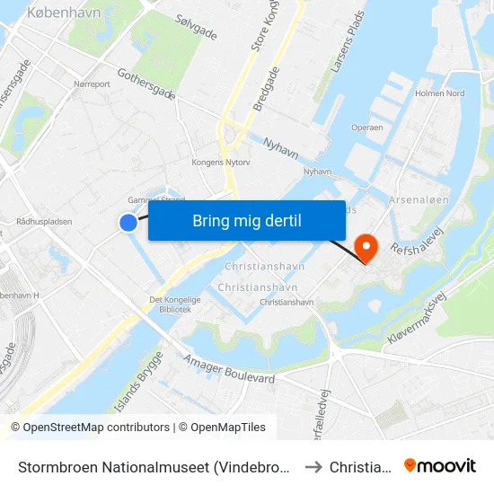 Stormbroen Nationalmuseet (Vindebrogade) to Christiania map