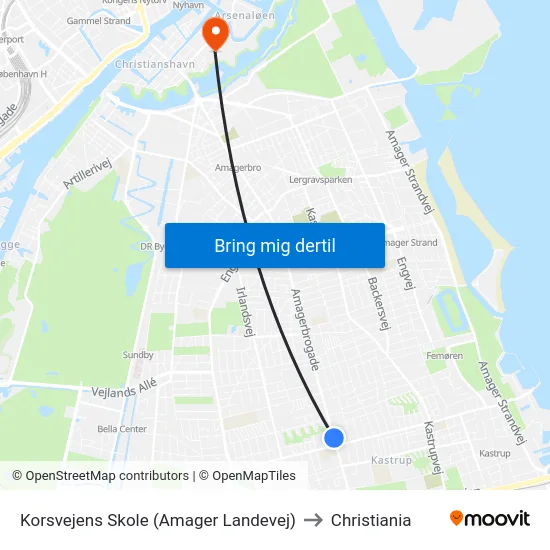 Korsvejens Skole (Amager Landevej) to Christiania map