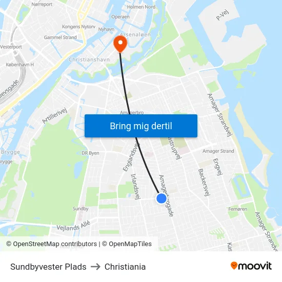 Sundbyvester Plads to Christiania map