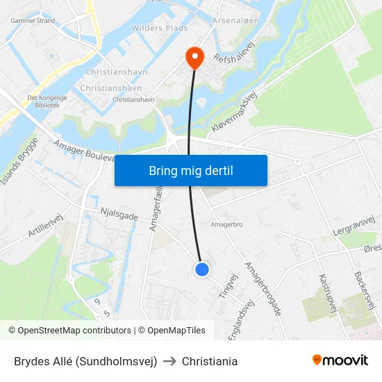 Brydes Allé (Sundholmsvej) to Christiania map