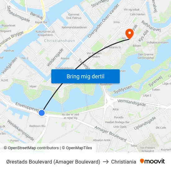 Ørestads Boulevard (Amager Boulevard) to Christiania map