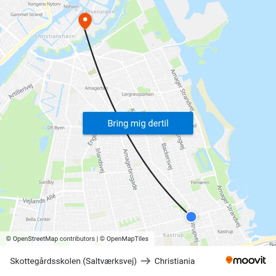 Skottegårdsskolen (Saltværksvej) to Christiania map