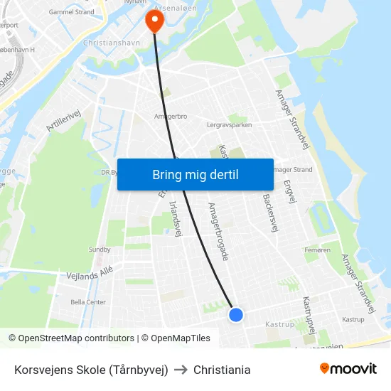Korsvejens Skole (Tårnbyvej) to Christiania map