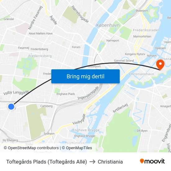 Toftegårds Plads (Toftegårds Allé) to Christiania map