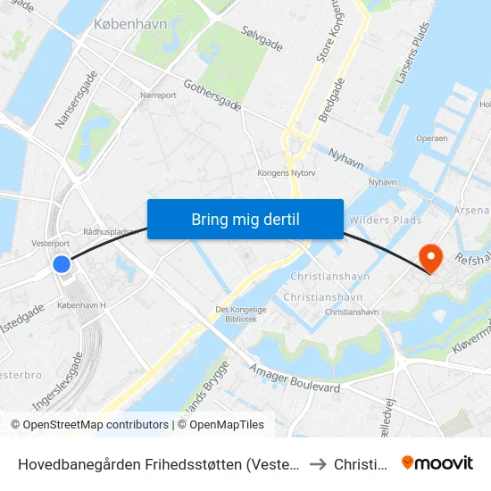 Hovedbanegården Frihedsstøtten (Vesterbrogade) to Christiania map