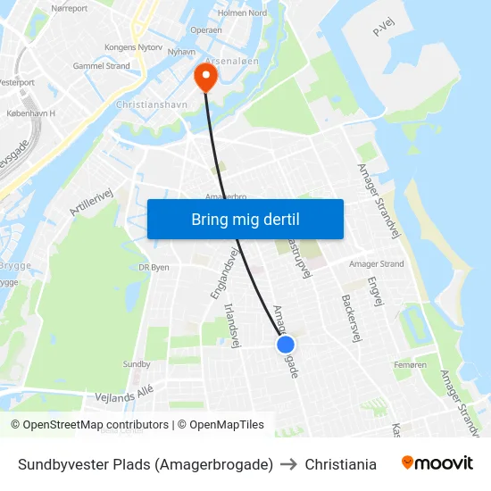 Sundbyvester Plads (Amagerbrogade) to Christiania map