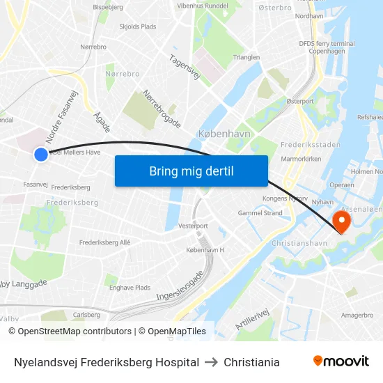 Nyelandsvej Frederiksberg Hospital to Christiania map