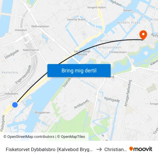 Fisketorvet Dybbølsbro (Kalvebod Brygge) to Christiania map