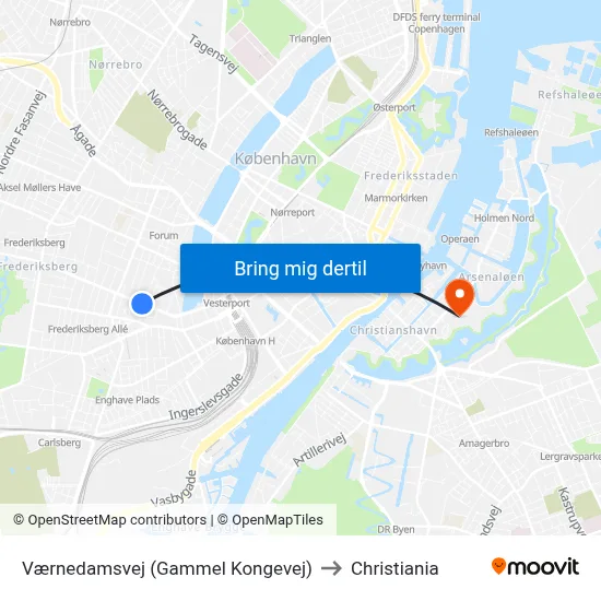 Værnedamsvej (Gammel Kongevej) to Christiania map