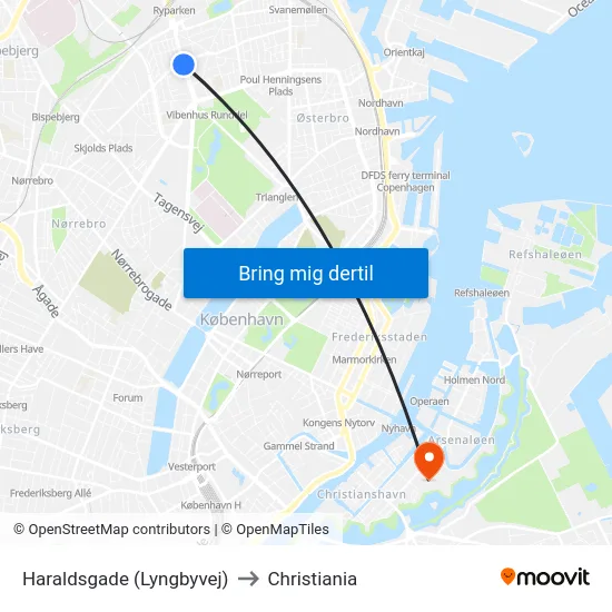Haraldsgade (Lyngbyvej) to Christiania map