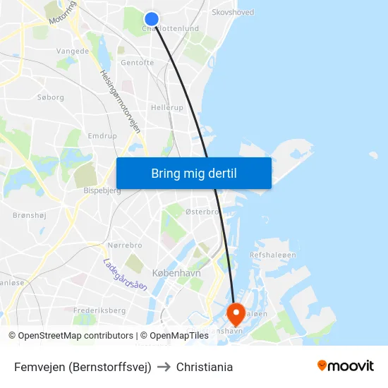 Femvejen (Bernstorffsvej) to Christiania map