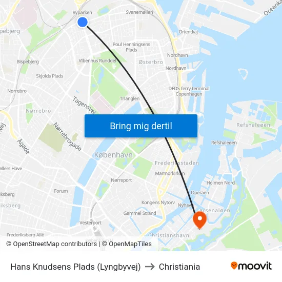 Hans Knudsens Plads (Lyngbyvej) to Christiania map