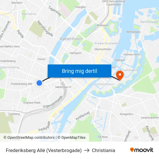 Frederiksberg Allé (Vesterbrogade) to Christiania map