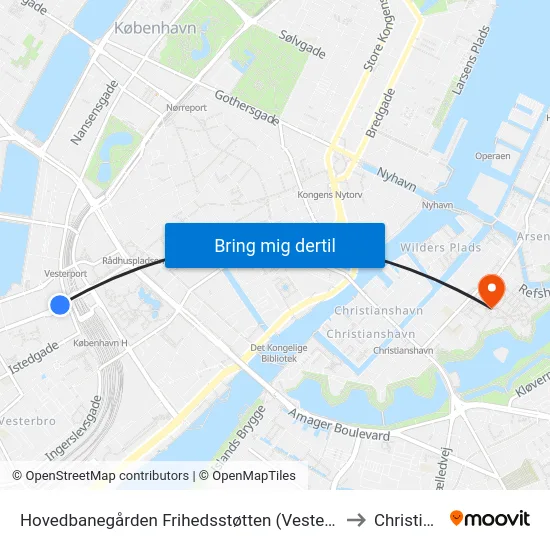 Hovedbanegården Frihedsstøtten (Vesterbrogade) to Christiania map