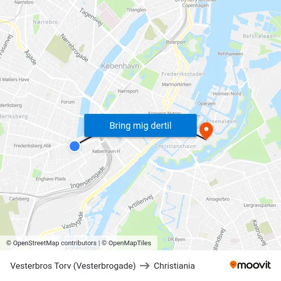 Vesterbros Torv (Vesterbrogade) to Christiania map