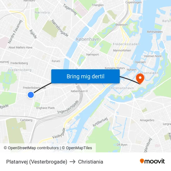 Platanvej (Vesterbrogade) to Christiania map