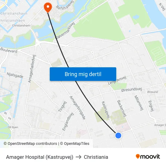 Amager Hospital (Kastrupvej) to Christiania map