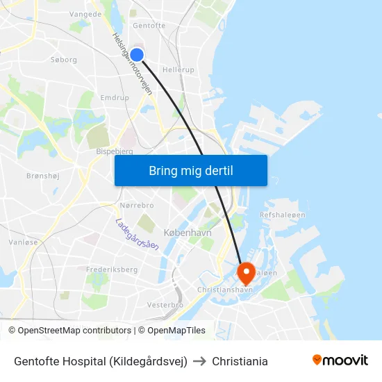 Gentofte Hospital (Kildegårdsvej) to Christiania map