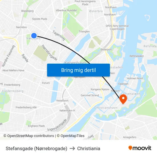 Stefansgade (Nørrebrogade) to Christiania map