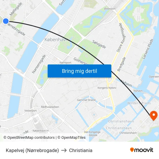 Kapelvej (Nørrebrogade) to Christiania map