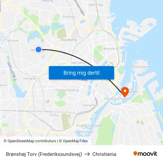 Brønshøj Torv (Frederikssundsvej) to Christiania map