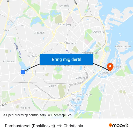 Damhustorvet (Roskildevej) to Christiania map