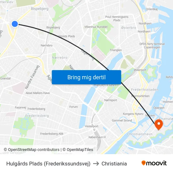 Hulgårds Plads (Frederikssundsvej) to Christiania map