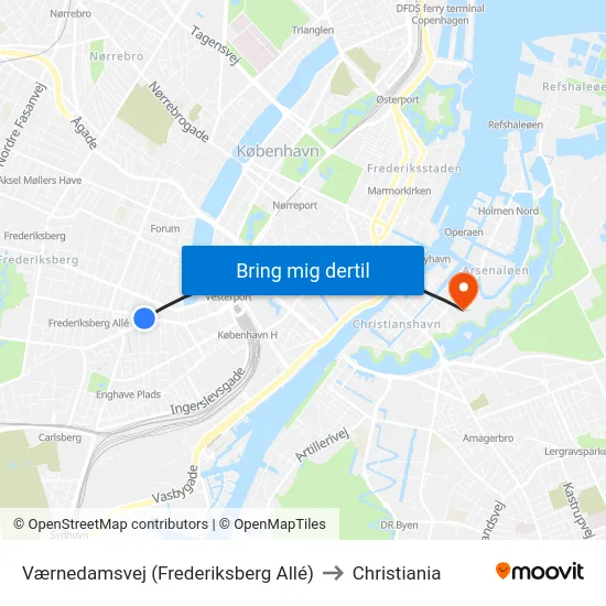 Værnedamsvej (Frederiksberg Allé) to Christiania map