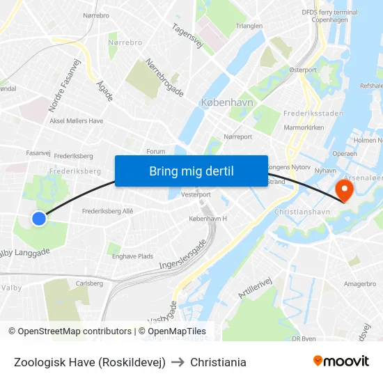 Zoologisk Have (Roskildevej) to Christiania map