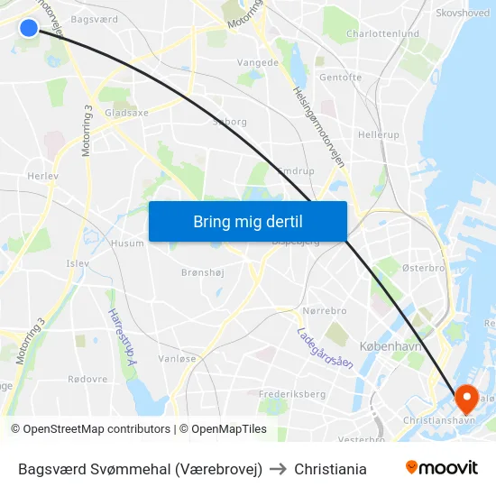 Bagsværd Svømmehal (Værebrovej) to Christiania map