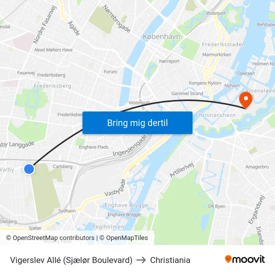 Vigerslev Allé (Sjælør Boulevard) to Christiania map