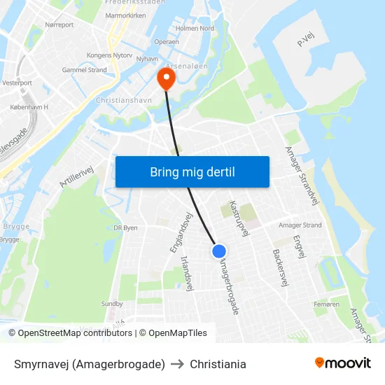 Smyrnavej (Amagerbrogade) to Christiania map