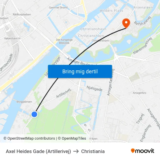Axel Heides Gade (Artillerivej) to Christiania map