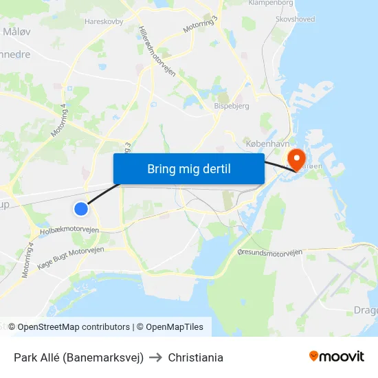 Park Allé (Banemarksvej) to Christiania map