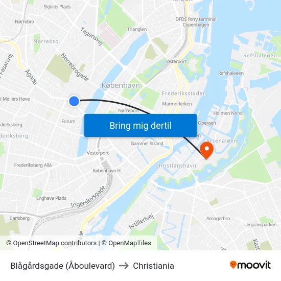 Blågårdsgade (Åboulevard) to Christiania map