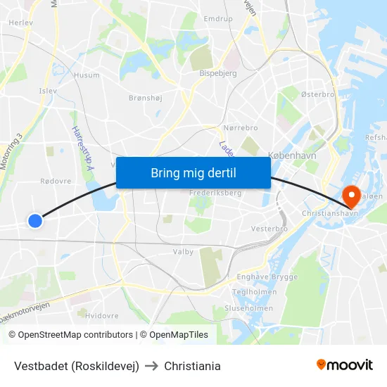 Vestbadet (Roskildevej) to Christiania map