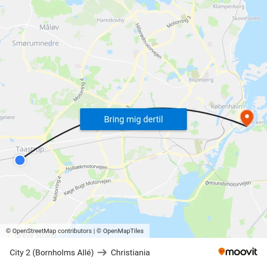 City 2 (Bornholms Allé) to Christiania map