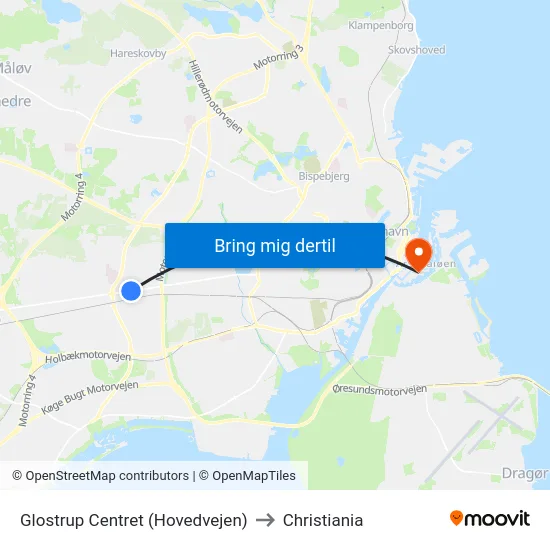 Glostrup Centret (Hovedvejen) to Christiania map
