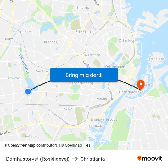 Damhustorvet (Roskildevej) to Christiania map